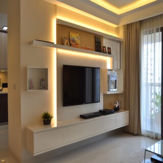 Contemporary Frosty White TV Unit Design with Wall-Mounted Cabinet and Open Rack