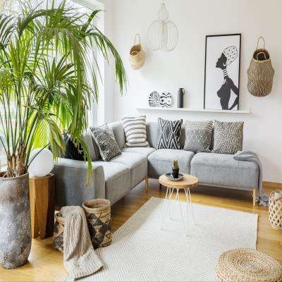 Artsy Living Room Showcasing an L-Shaped Grey Sofa