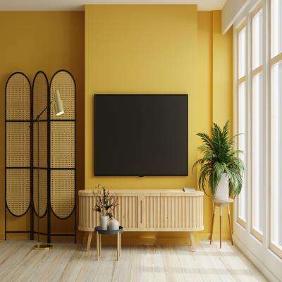 Modern TV Unit Design in Brown and Yellow Laminate