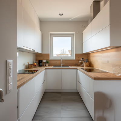 Modern Modular All-White U-shaped Kitchen Design With Wooden Kitchen Countertop