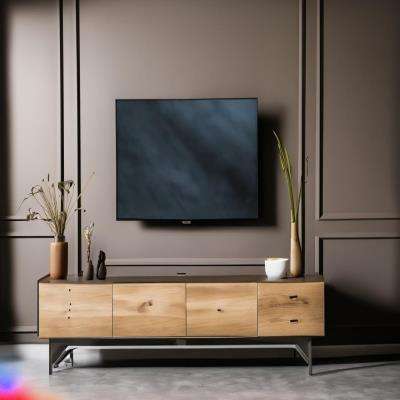 Modern Industrial Brown Dual-Toned TV Unit Design with Grey Floor
