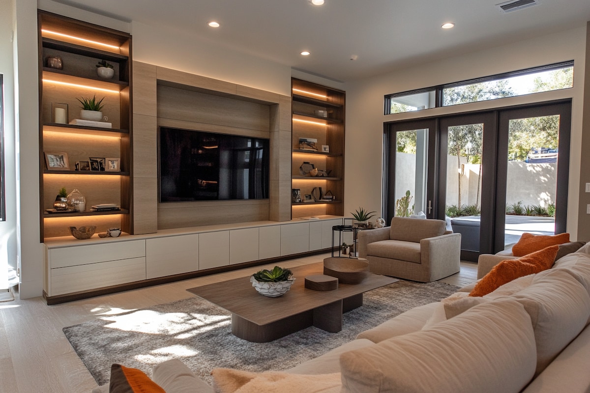 Modern Beige and Brown TV Unit Design with White Panel