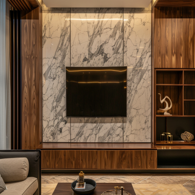 Modern TV Unit Design With Marble Back Wall And Wooden Panelling