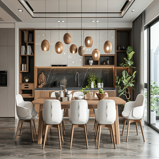 Modern 8-seater Off-White And Wood Dining Room With False Ceiling