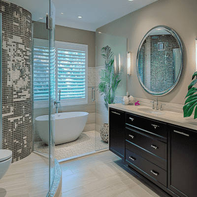 Contemporary Bathroom Design With Oval Mirror and Glass Partition