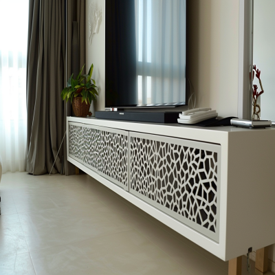 Contemporary White TV Unit Design With CNC-Cut Grey Panel