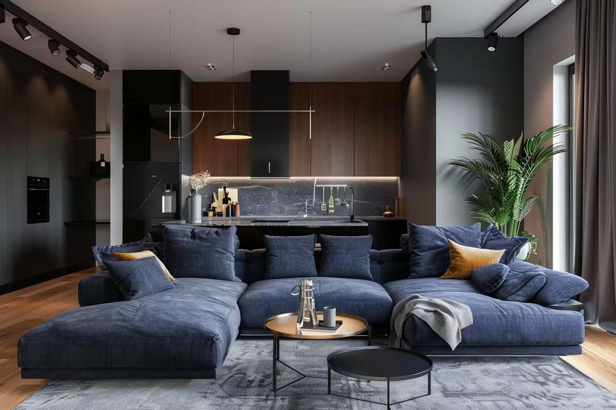 Modern Living Room Design With Dark Blue L-Shaped Sofa