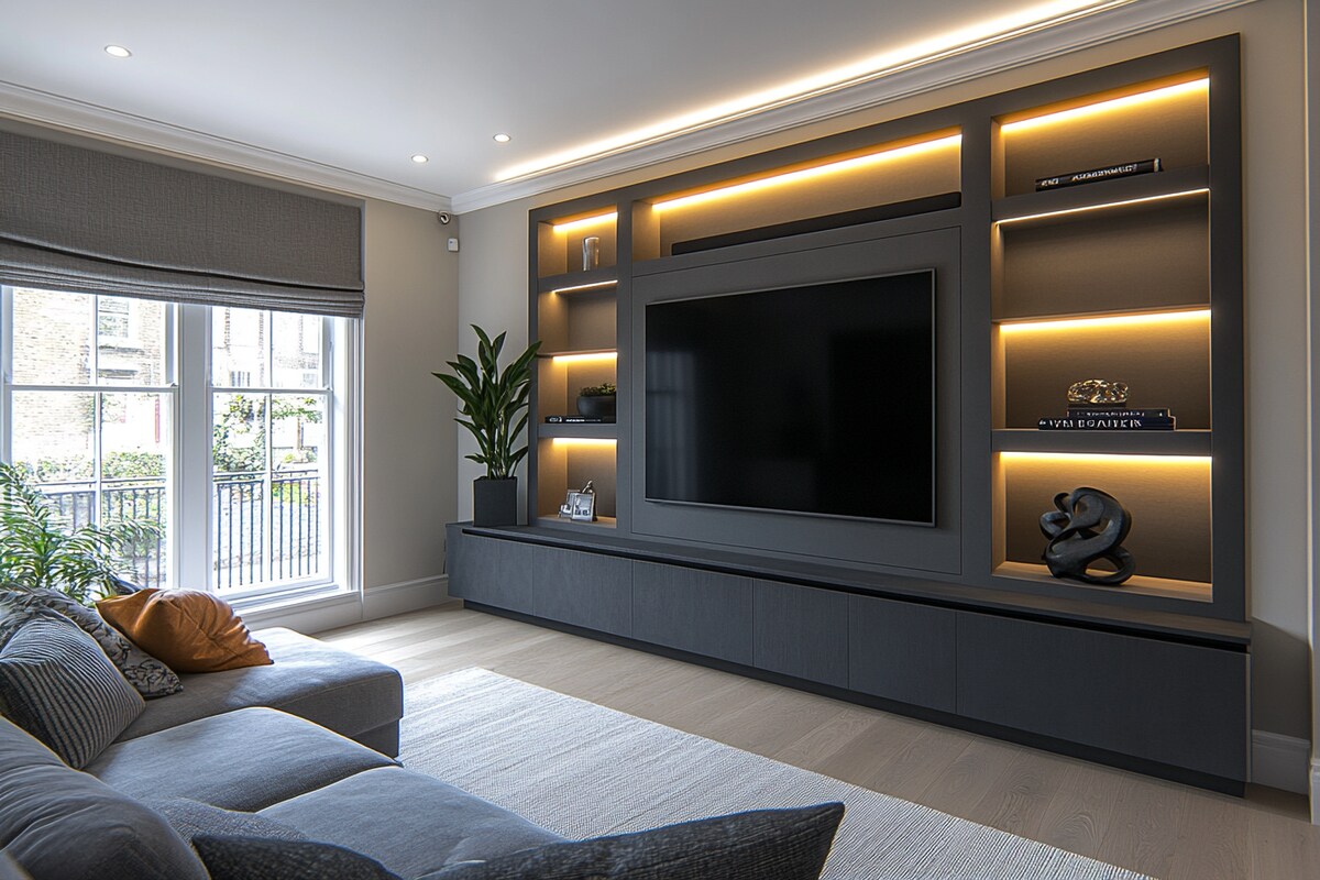 Contemporary Wall-Mounted TV Unit Design with Grey Accent Wall