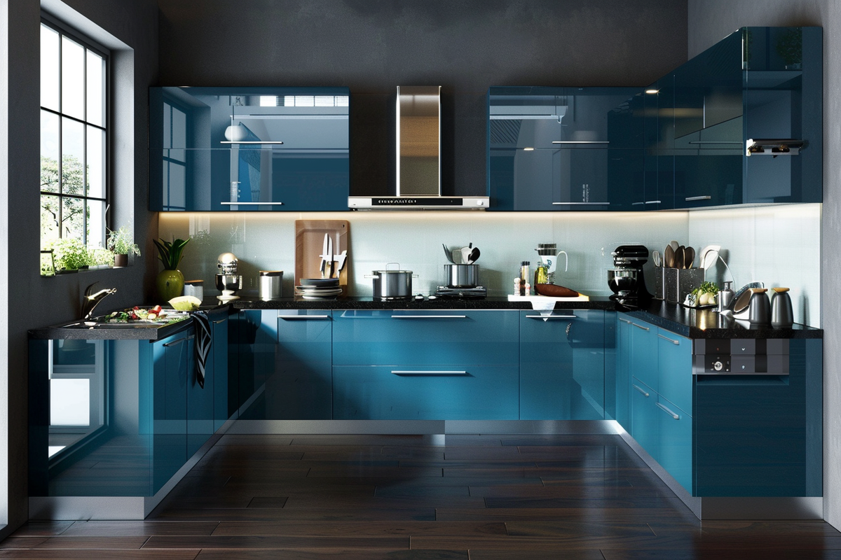 Modular Modern Open Kitchen With Blue Kitchen Cabinets And White-Black Backsplash