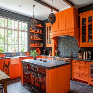 Vibrant Bohemian Kitchen Design with Orange and Slate Colours