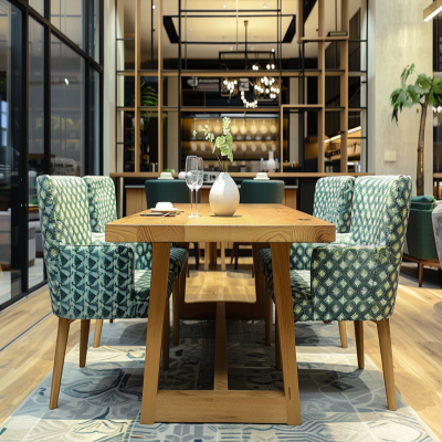 Contemporary Wooden 4-Seater Dining Room Design With Green And Blue Patterned Chairs