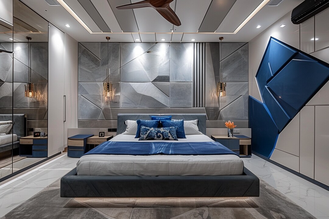 Modern Grey And White Master Bedroom And Blue Accent Wall Panel With ...