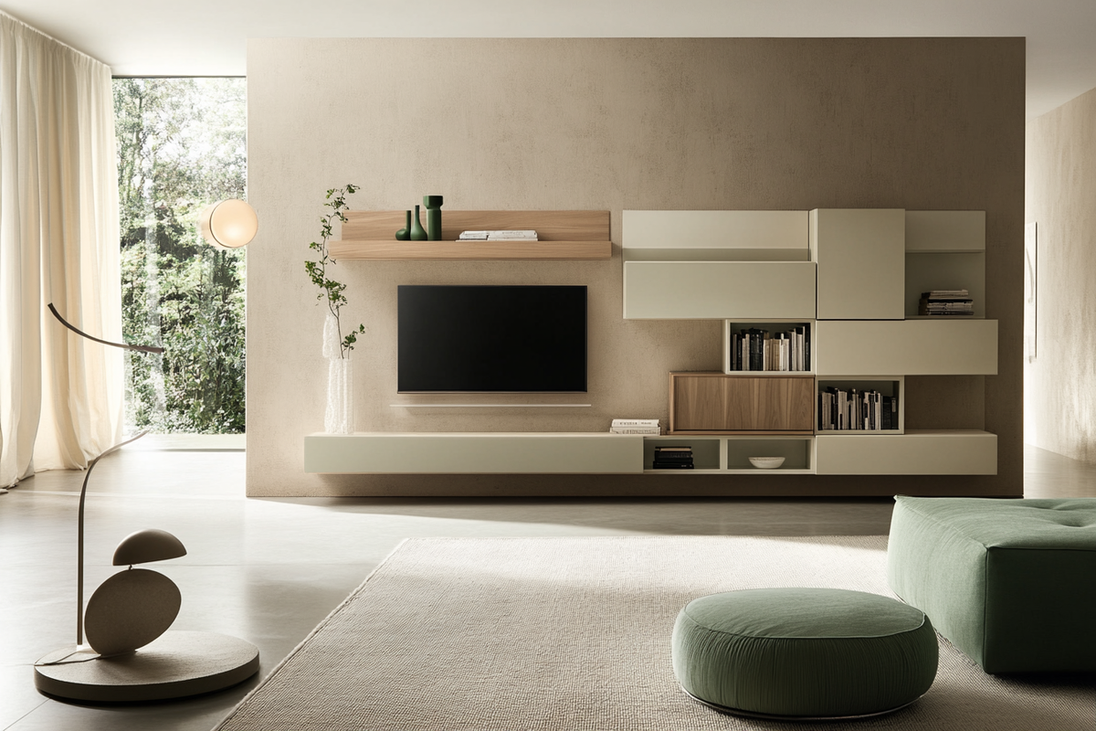 Modern Cream And Wood Wall-Mounted TV Unit Design With White And Light Green Furniture