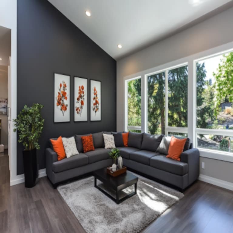 Modern Living Room Design With Grey Sofa And Dark Grey Accent Wall