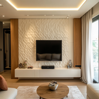 Modern White And Wood Floor-Mounted TV Unit Design With Beige Textured Wall