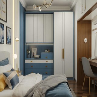 Contemporary 2-Door White And Blue Wardrobe Design With Stand-Alone Storage Unit