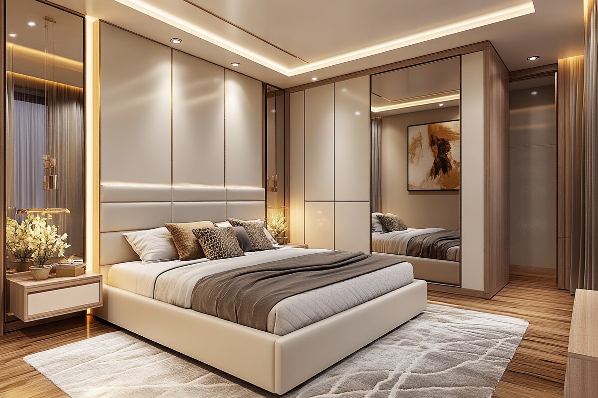 Contemporary Master Bedroom Design With Off-White Glossy 4-Door Sliding Mirrored Wardrobe