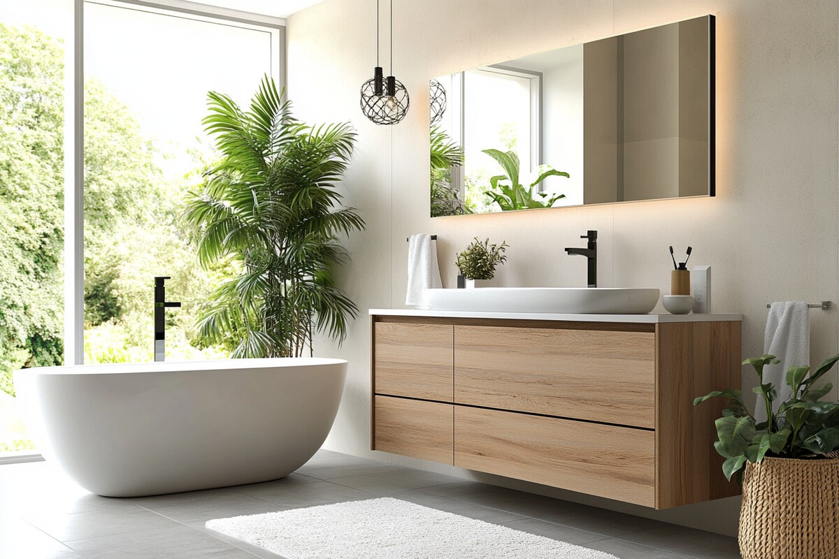 Contemporary Grey And Off-White Bathroom Design With Wooden Bathroom Cabinet