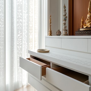 Modern White Pooja Room Design With Pullout Drawers