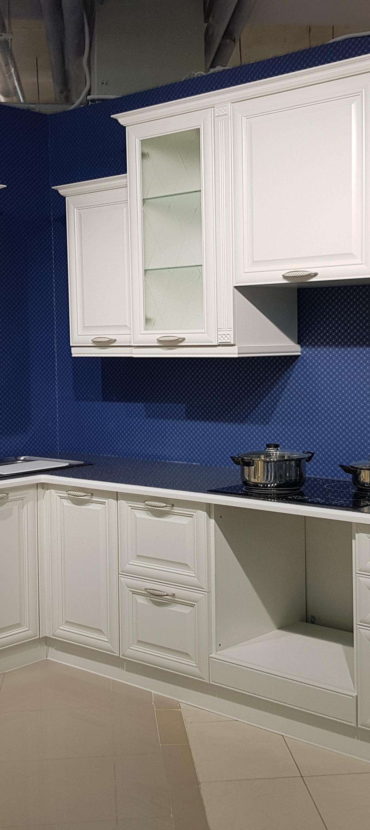 Classic Modular Kitchen Design with Blue Backdrop