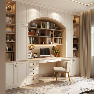 Classic 4-Door Frosty White Swing Wardrobe Design With Integrated Arched Wooden Study Table