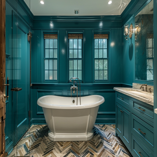 Contemporary Beige And Teal Blue Small Bathroom With Herringbone Tile Design