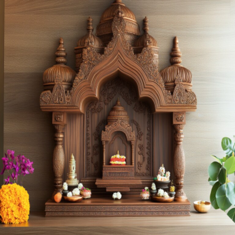 Traditional Brown Wall-Mounted Mandir Design