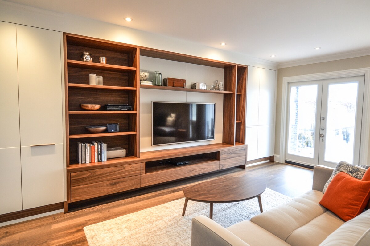 Modern TV Unit Design with Open and Closed Storage in Walnut and White