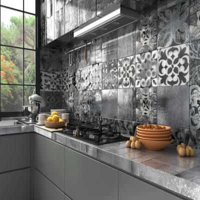 Modern Modular L Shape Kitchen Design With Grey and Black Patterned Dado Tiles