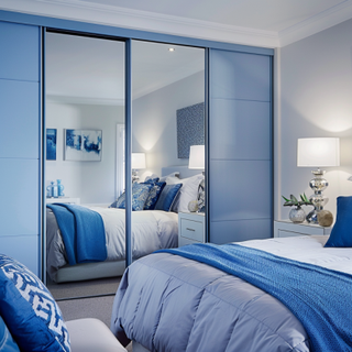 Contemporary Blue And White Bedroom Design 2-Door Blue Sliding Mirrored Wardrobe