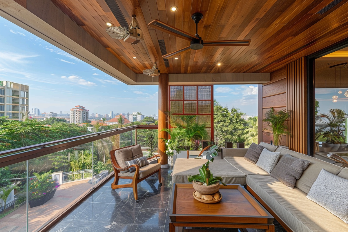 2 Tropical Balcony Design With Wooden False Ceiling