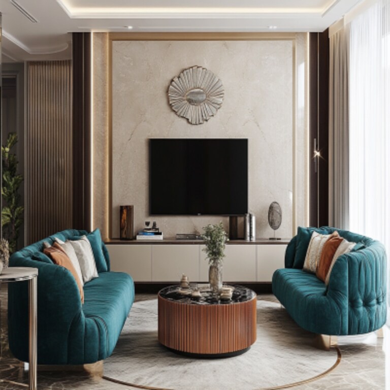 Eclectic Living Room Design With Teal Blue Sofa And Beige TV Unit