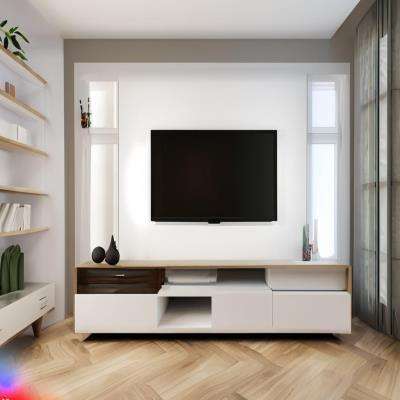 Stylish TV Unit Design in White Laminate with Wooden Flooring