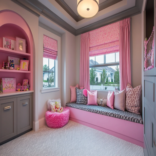 Modern Pink And Grey Kids Room Design For Girls With Bay Seater