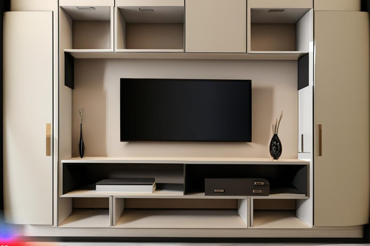 Modern TV Unit Design in Beige and Black Laminate with Open Cabinets Modern TV Unit Design in Beige and Black Laminate with Open Cabinets