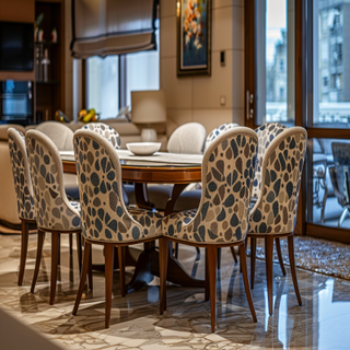 Contemporary 6-seater Oval Dining Room Design With Beige And Patterned Chairs