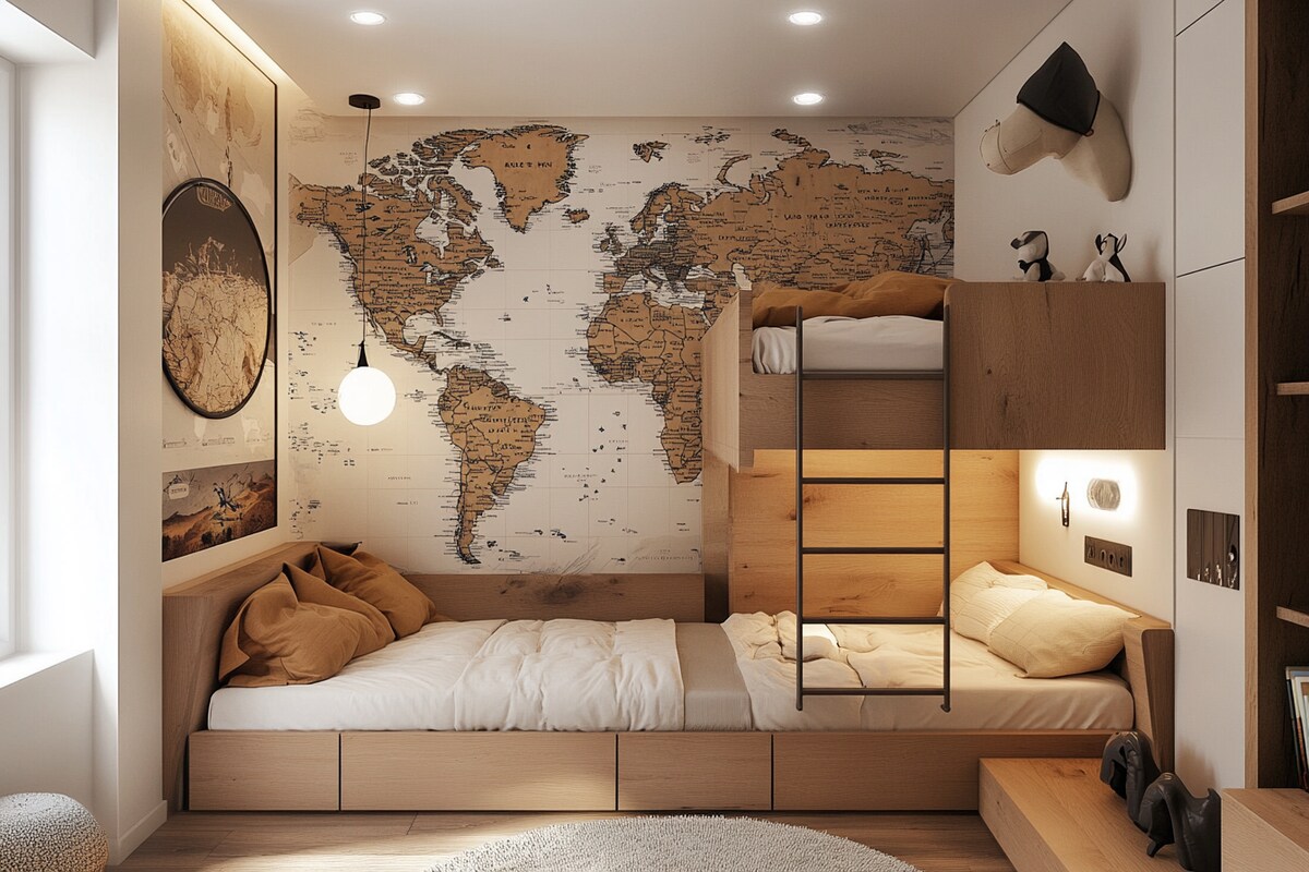 Modern Kids Bedroom Design With Bunk Bed And World Map Wallpaper