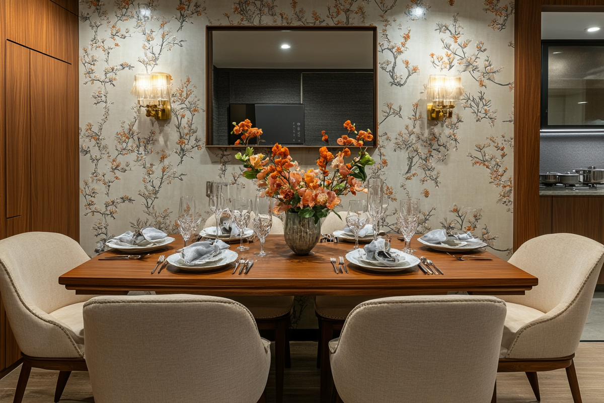 Contemporary Wooden 6-Seater Dining Room Design With Mirror Panelled Wall And Floral Wallpaper