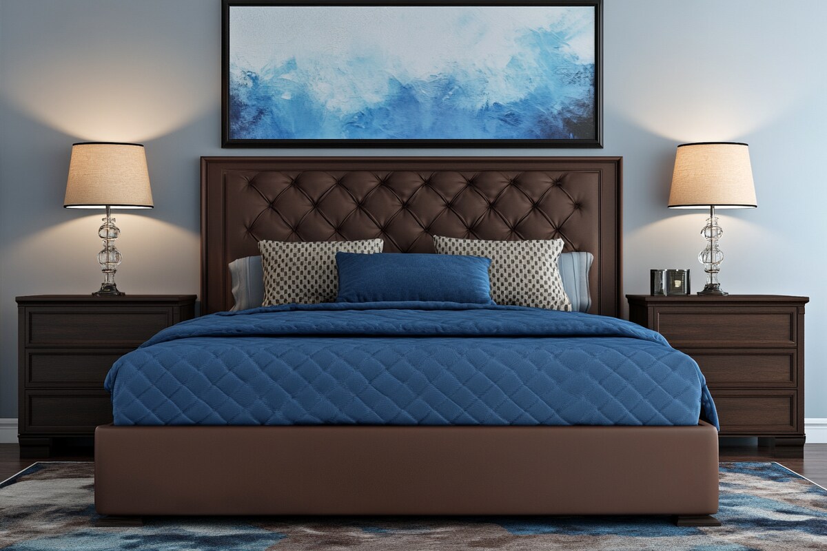 Contemporary Master Bedroom Design With Blue Queen-Size Bed And Brown Headboard