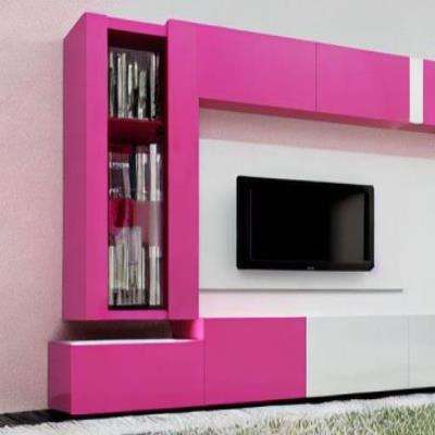 Modern TV Unit Design in Black and Pink Laminate