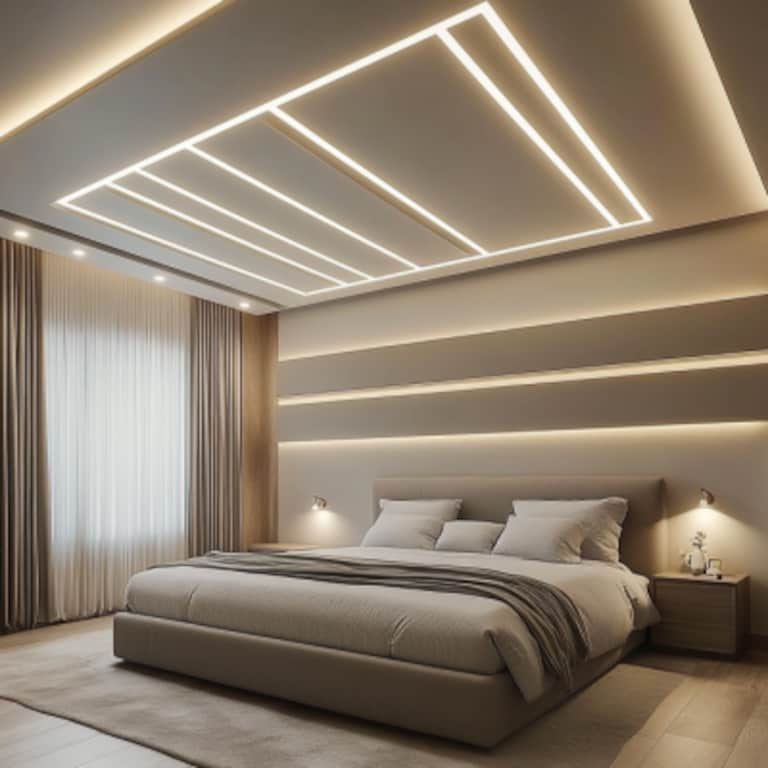 Modern Multilayered Gypsum Bedroom False Ceiling Design With White Stripes