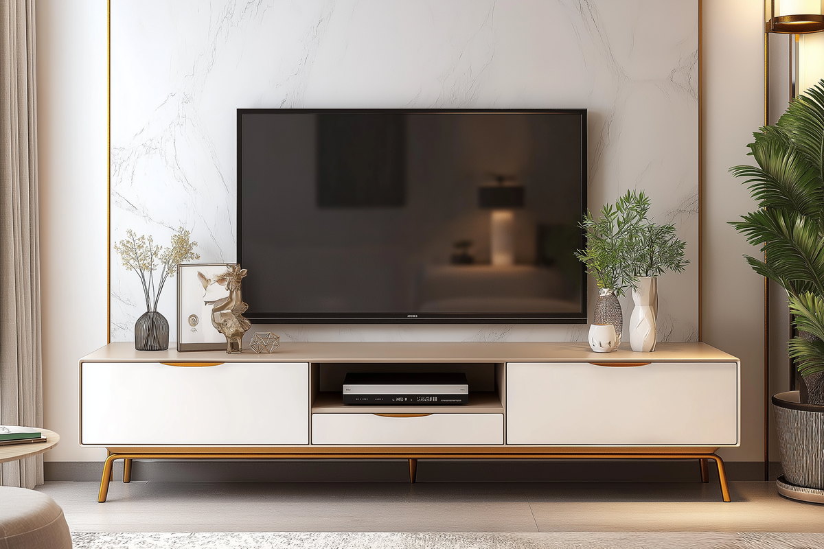 Modern Champagne-Toned And White Floor-Mounted TV Unit Design With Drawer Storage