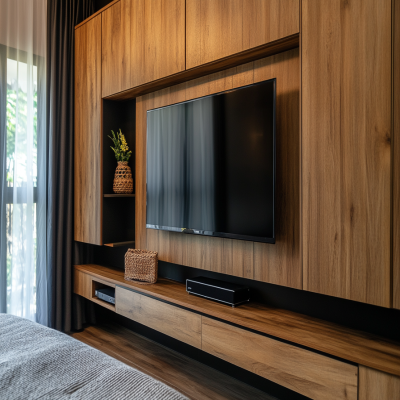 Modern Wooden Wall-Mounted TV Console Design With 2-Door Swing Wardrobe