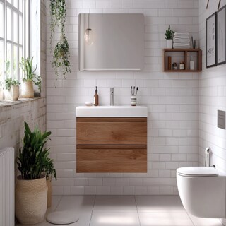 Scandinavian Brown And White Small Bathroom Ideas With Wall-Mounted Wooden Bathroom Cabinet