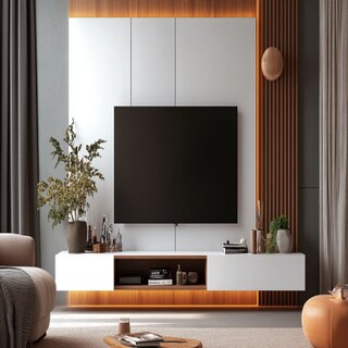 Modern TV Unit Design With White Panel And Wooden Grooves