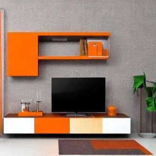 Modern TV Unit Design in Beige and Orange Laminate with White Floor