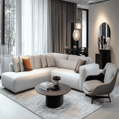 Contemporary Living Room Design With Light Grey Sofa and Accent Chair