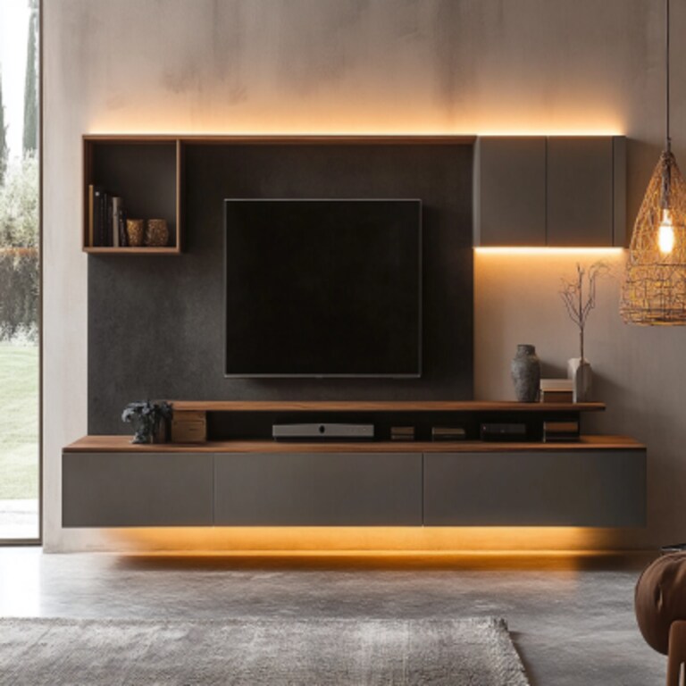 Contemporary TV Unit Design with Drawers and Open Rack Storage