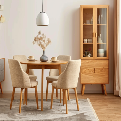 Mid-Century Modern 4-Seater Dining Room Design With Light Wood Storage Unit