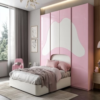 4-Door Rose Pink And White Contemporary Swing Wardrobe Design With Integrated Bed